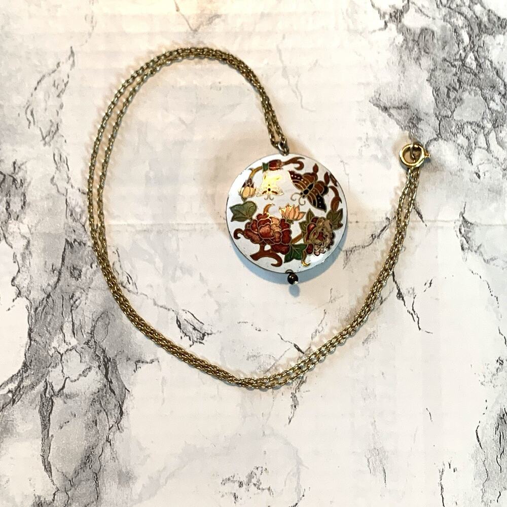 Vintage Cloisonné Pendant Necklace Reversible Floral Butterfly Boho Retro Glam